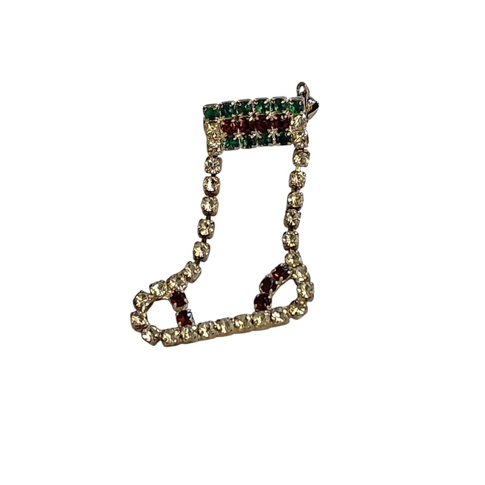 Vintage rhinestone holiday Christmas‎ stocking brooch pin
